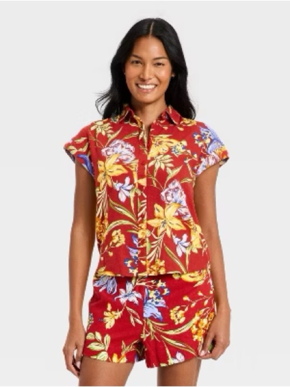 a new day Red Floral Button-Front Camp Shirt